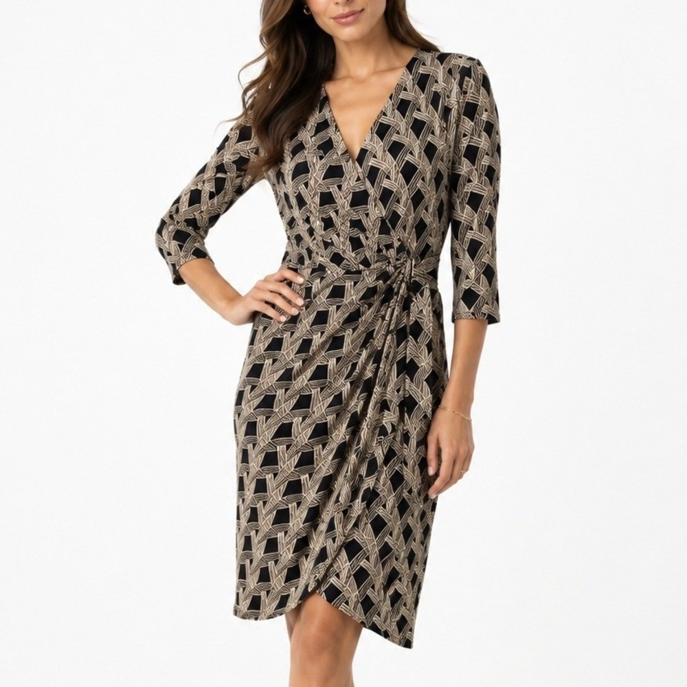 White House Black Market Black Cream Geometric Lattice Sheath 3/4 Sleeve Size 00